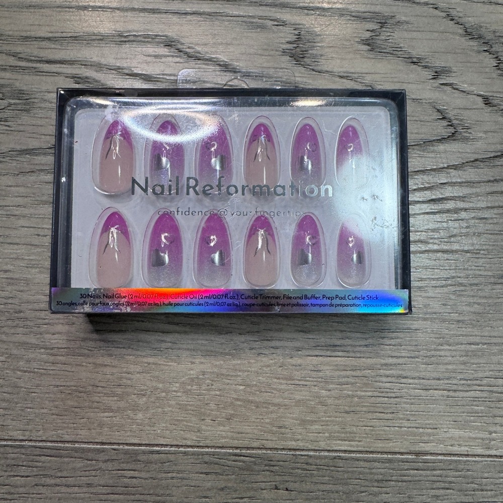 Nail Reformation Press On Nails‎ Purple Ombre French Tip Silver Hearts Bows 30ct